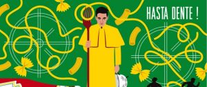 un homme en imperméable devant un tas de spaghettis