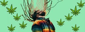 un homme aux cheveux long avec des feuille de canabis