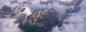 Ile entourée d'eau dans un paysage post-apocalyptique