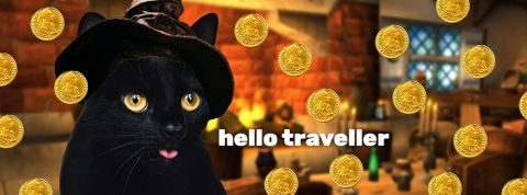 un chat noir dans une taverne offre des pièces d'or