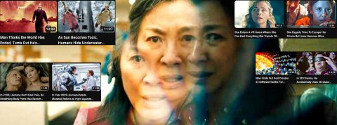 Le visage d'une felle asiatique divisé en plusieurs parte qui essaye de regarder plein de vidéo en même temps.