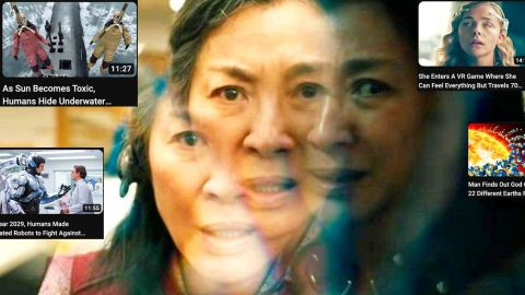 Le visage d'une felle asiatique divisé en plusieurs parte qui essaye de regarder plein de vidéo en même temps.