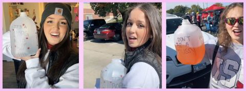 Des jeunes filles en train de tenir de tenir des gallons d'alcool