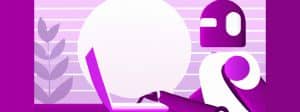 Illustration de Dall-E d'un robot sur son ordinateur dans des tons violets