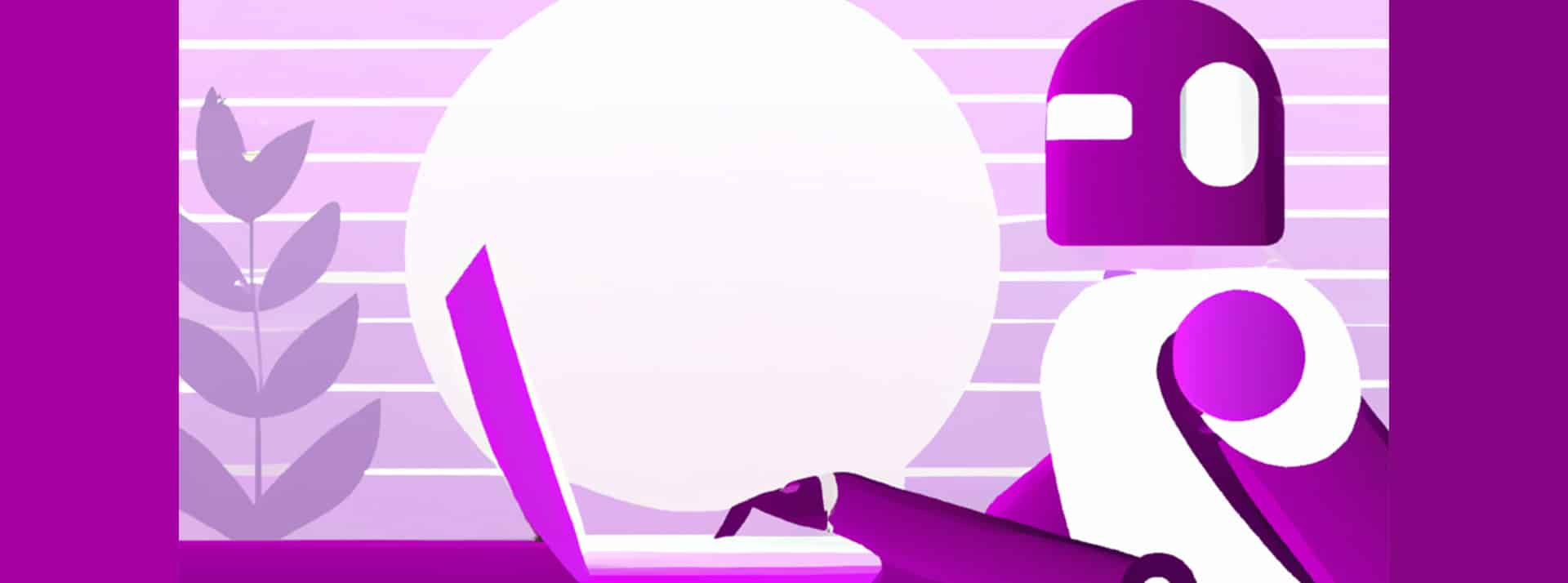 Illustration de Dall-E d'un robot sur son ordinateur dans des tons violets