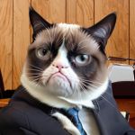 Un chat en costume dans un bureau