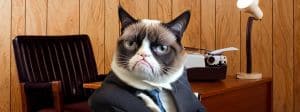 Un chat en costume dans un bureau