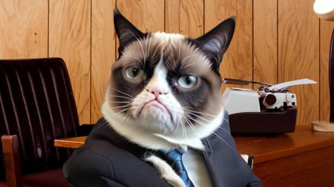 Un chat en costume dans un bureau