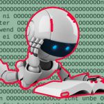 Un robot lit au milieu de mots étranges