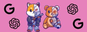 Des peluches robots et les logos Google et OpenAI