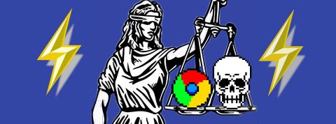la justice aveugle qui tient dans sa balance une tête de mort et le logo de google