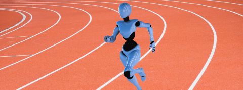 Un robot en pleine course sur une piste d'athlétisme