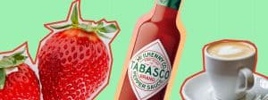 Fraises, Tabasco et café sur fond vert amande