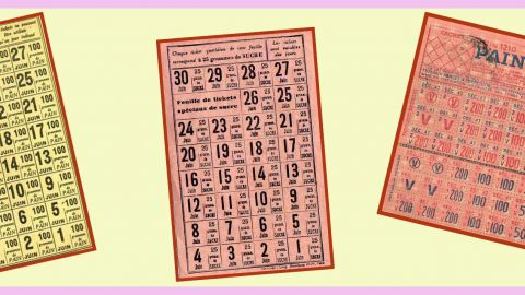 Sur fond jaune pâle, 3 tickets de rationnement