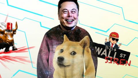 Elon Musk avec un sweat Dogcoin et des illustrations du compte reddit Wall Street Siren