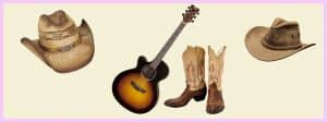 guitare country, chapeau et bottes de cowboy