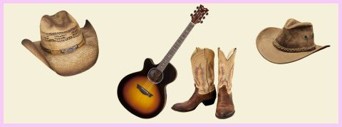 guitare country, chapeau et bottes de cowboy