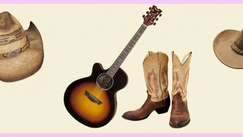 guitare country, chapeau et bottes de cowboy