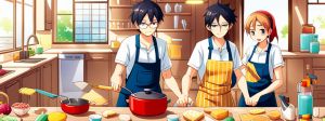 Deux hommes et une femme façon Manga cuisinent