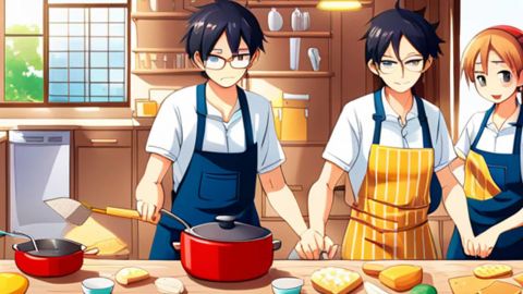 Deux hommes et une femme façon Manga cuisinent