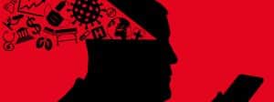 Illustration complot avec des fakes news qui sortent de la tête d'un homme de profil tenant son téléphone
