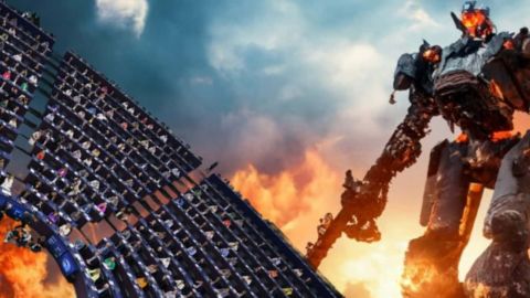 Un robot sur fond d'apocalypse, et une image de la Commission européenne