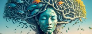Un arbre au visage féminin bleu avec des poissons dans ses branches