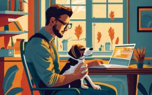 Illustration d'une homme chez lui travaillant avec son chien sur les genoux
