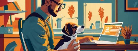Illustration d'une homme chez lui travaillant avec son chien sur les genoux