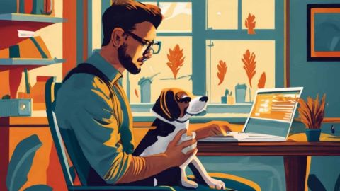 Illustration d'une homme chez lui travaillant avec son chien sur les genoux