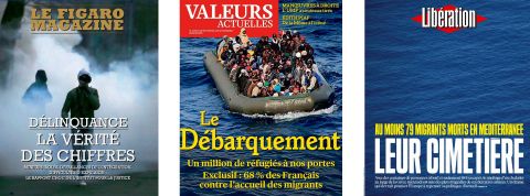 3 une de journaux illustrant le traitement de l'immigration: Le Figaro Magazine, Valeurs actuelles et Libération