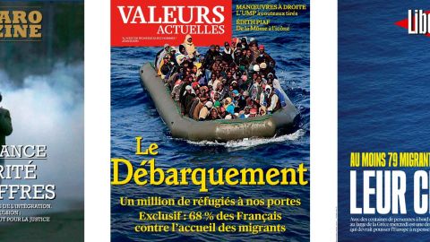 3 une de journaux illustrant le traitement de l'immigration: Le Figaro Magazine, Valeurs actuelles et Libération