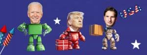 Des robots avec la tête de Donald Trump, Joe Biden et Dean Phillips