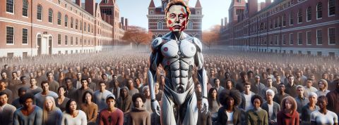 Illustration d'un Elon Musk au corps robotique devant une foule à Harvardharvard