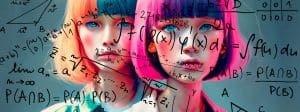 Deux visages de jeunes femmes avec des symboles de formules mathématiques