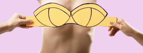Illustration d'un soutien gorge en papier posé sur la poitrine d'une femme