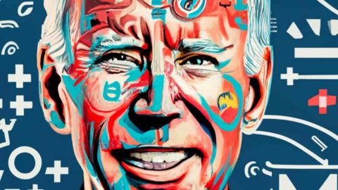Un close-up de Biden avec des équations mathématiques sur le visage, image générée par IA