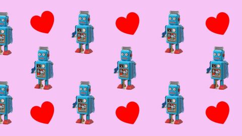 Des coeurs et des robots sur fond rose