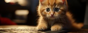 Un petit chat roux avec les pattes sur le clavier d'un ordi-ordi