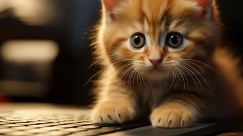 Un petit chat roux avec les pattes sur le clavier d'un ordi-ordi