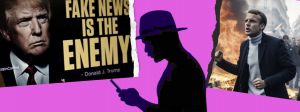 Une silhouetted 'un homem sur son smartphone et des fake news