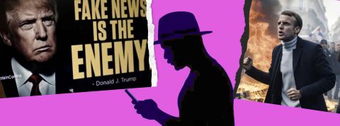 Une silhouetted 'un homem sur son smartphone et des fake news
