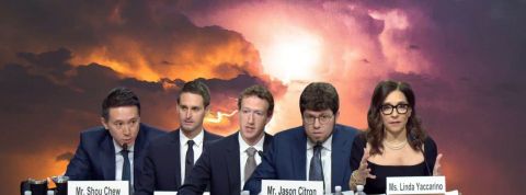 Marc Zuckerberg (Meta), Linda Yaccarino (X), Evan Spiegel, (Snapchat), Shou Zi Chew (TikTok) et Jason Citron (Discord)