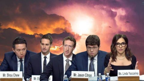 Marc Zuckerberg (Meta), Linda Yaccarino (X), Evan Spiegel, (Snapchat), Shou Zi Chew (TikTok) et Jason Citron (Discord)