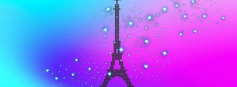 Un Tour Eiffel en pixels avec une pluie d'étoiles sur un fond rose et bleu