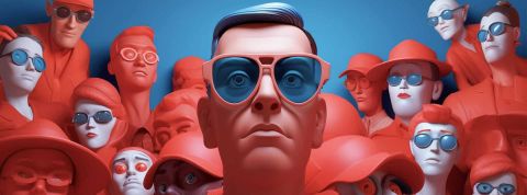 Une multitude de personnes type cartoon dont le personnage en 1er plan est très sceptique