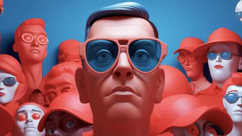 Une multitude de personnes type cartoon dont le personnage en 1er plan est très sceptique