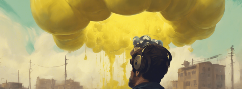 un homme avec des ecouteur regarde une bulle jaune eclater