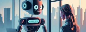 Illustration d'un robot qui reçoit une jeune femme pour un entretien d'embauche