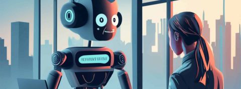 Illustration d'un robot qui reçoit une jeune femme pour un entretien d'embauche